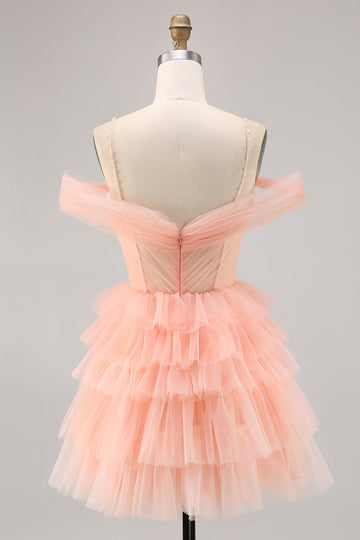 Cute Blush Tiered A Line Short Prom Dress with 3D Flowers